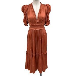 Ulla Johnson Maya Dress Womens 6 Orange Midi Ruched V Neck Going Out Party